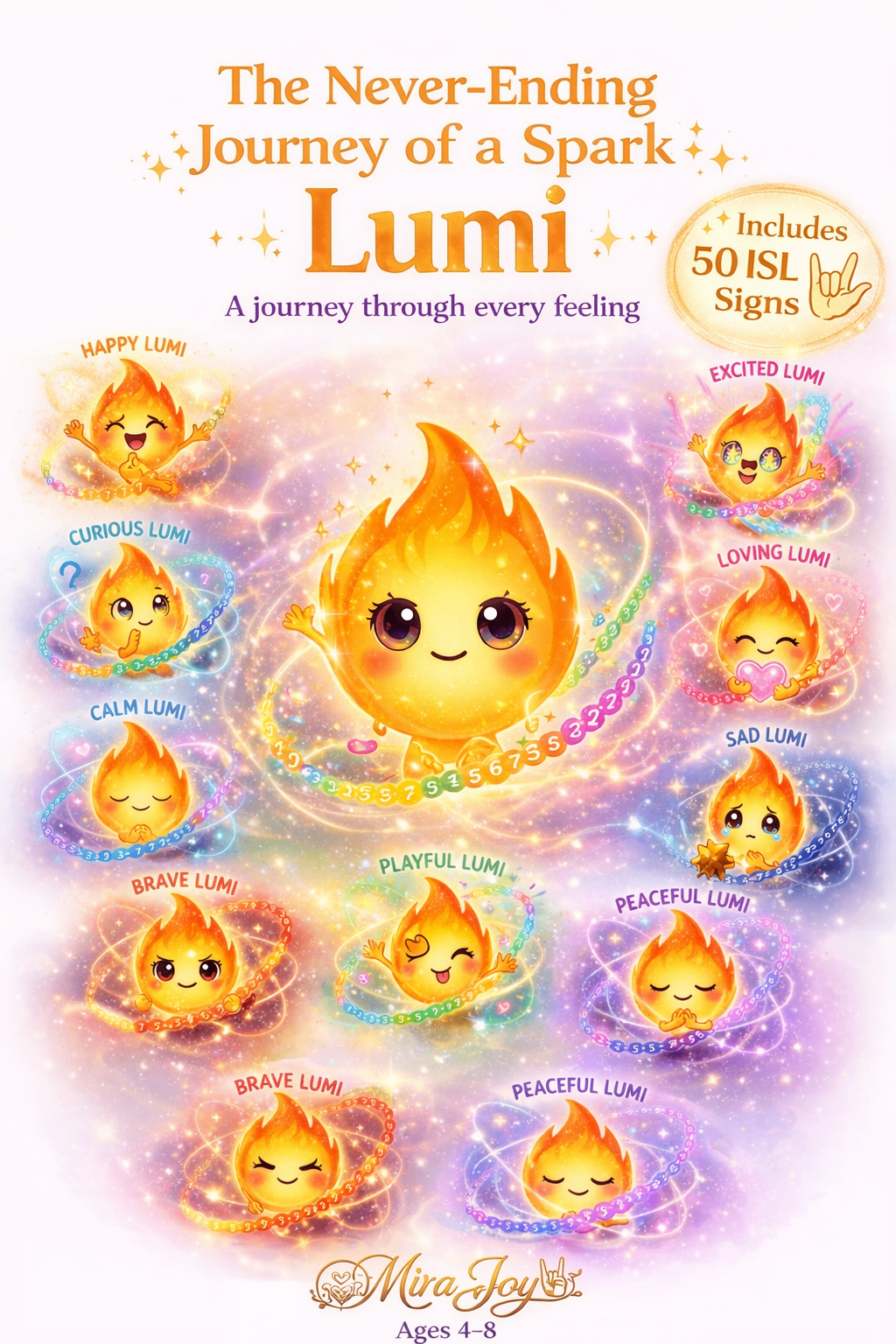 The Never-Ending Journey of a Spark — Lumi surrounded by her many emotions, includes 50 ISL signs