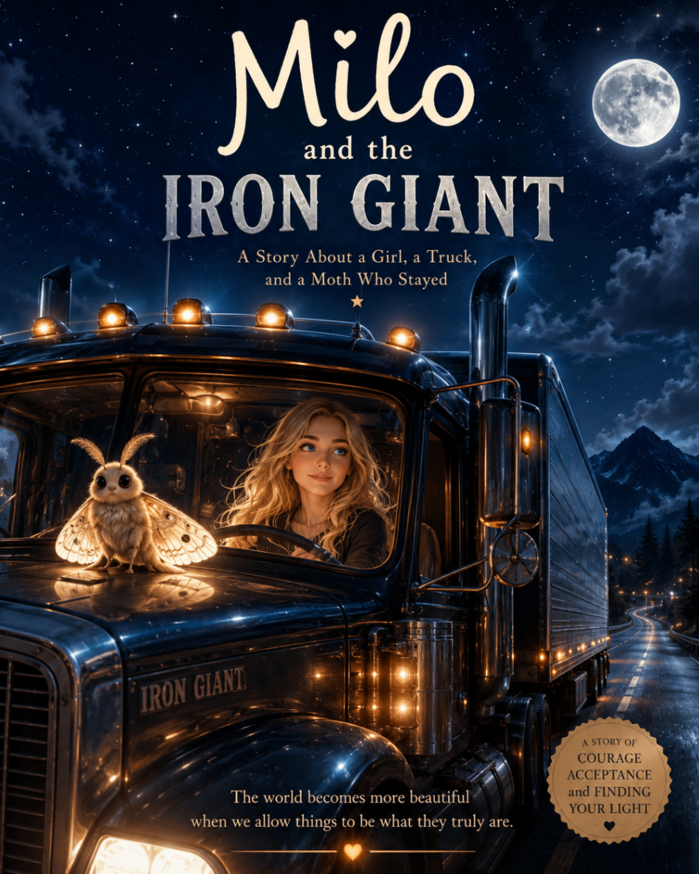 Milo and the Iron Giant book cover — a glowing moth and a girl in a truck cab under a moonlit sky